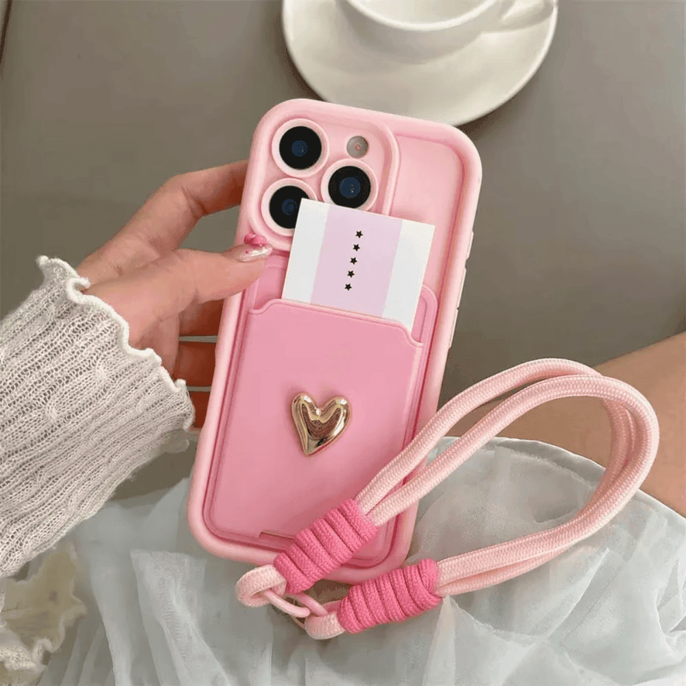 Funda para Teléfono - Soporte de Tarjeta Rosa con Corazón 3D Dorado y Cordón