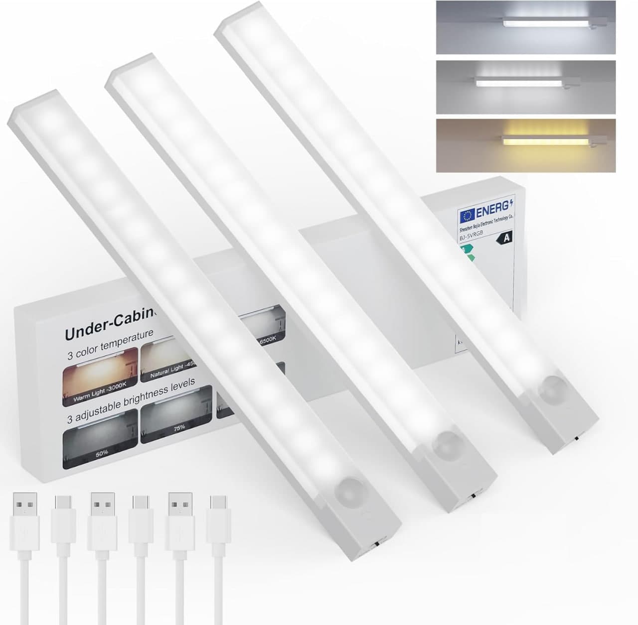 Set de 3 Luces LED USB Recargables con sensor de movimiento
