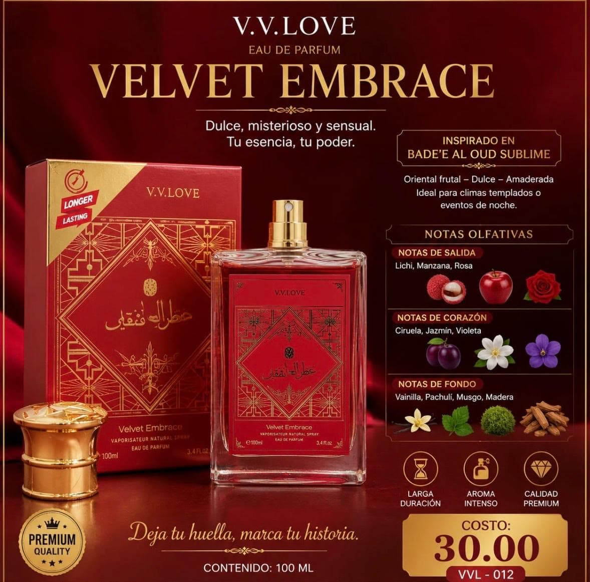 Perfume Mujer V.V.LOVE Velvet Embrace 100ml | Inspirado en Bade'e Al Oud Sublime