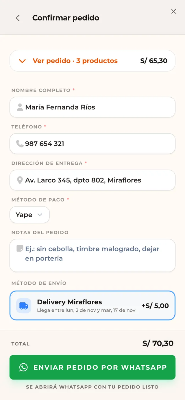 Formulario de pedido con nombre, teléfono, dirección, método de pago y envío