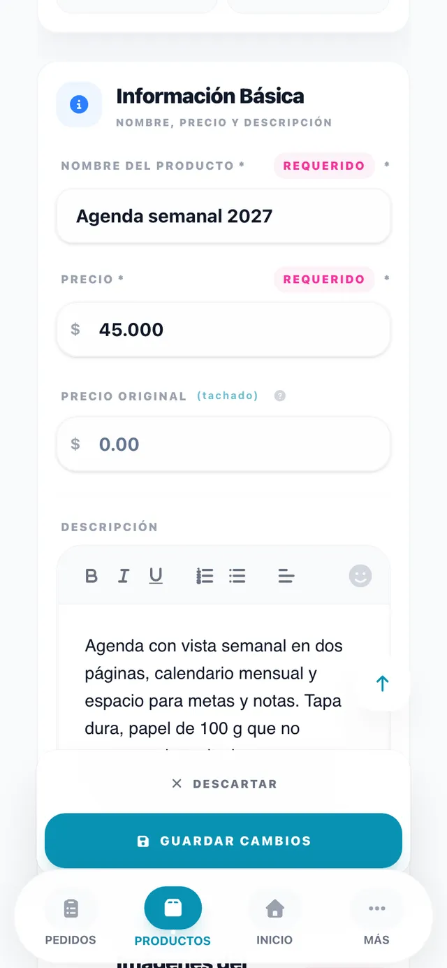 Formulario para editar un producto en el panel de Lynka, con nombre, precio y descripción