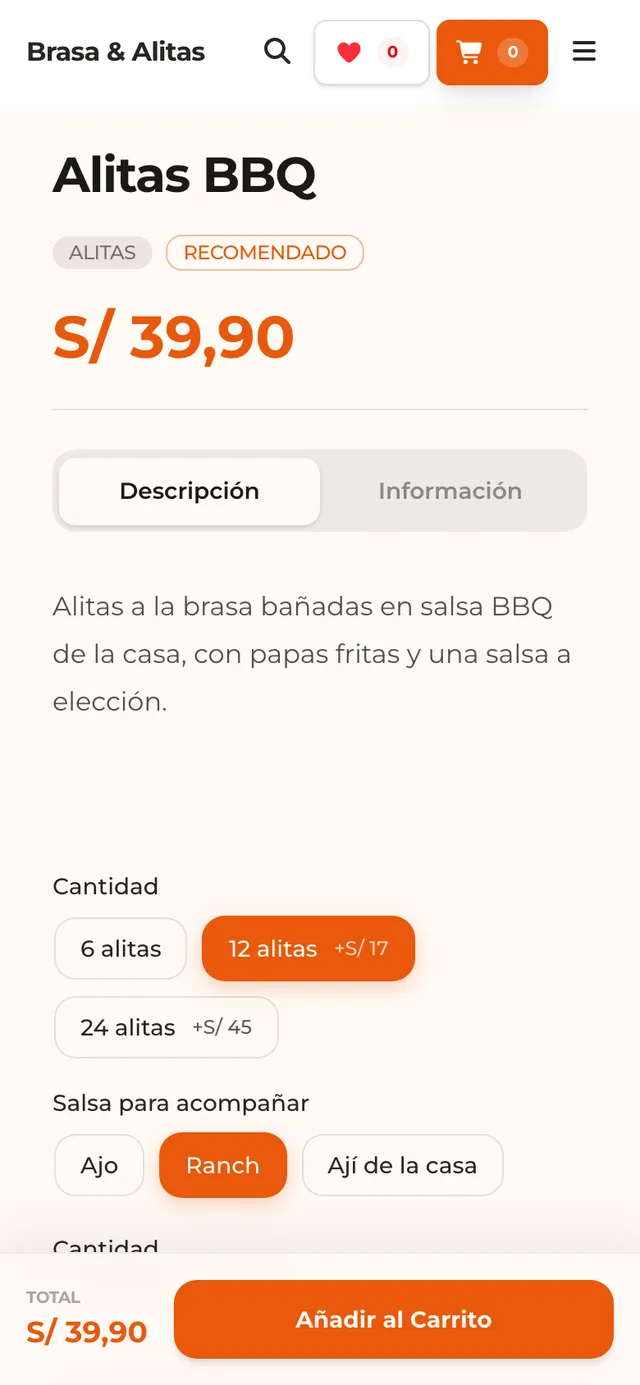 Producto con opciones de cantidad y salsa, con precio que cambia según la opción
